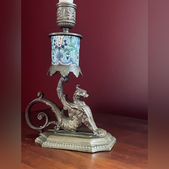 Antique French Longwy, Bronze Gargoyle Griffin Candlestick, Victorian, Gothic - Picture 6 of 12